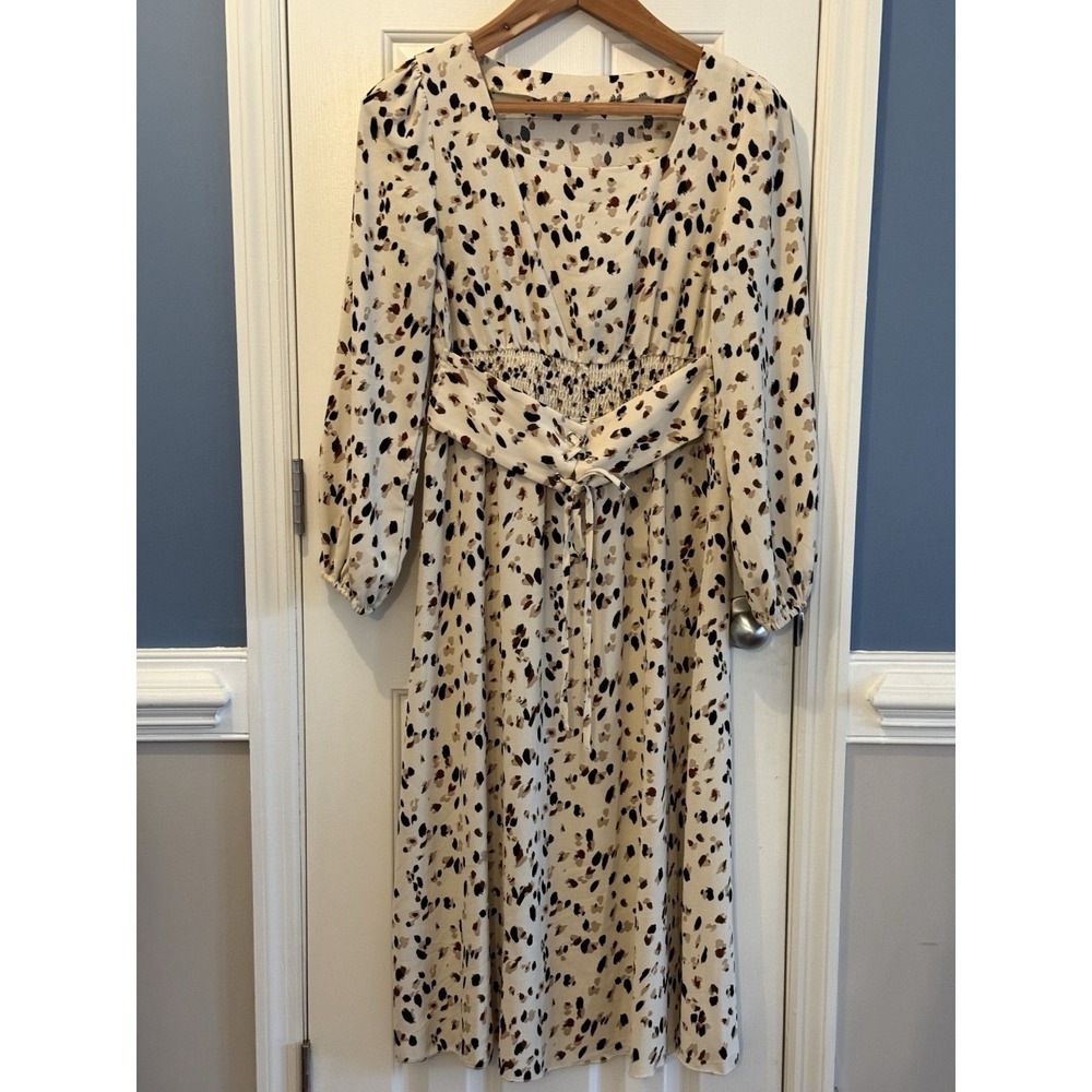 Neutrals Animal Prnt SmockTie Waist  A-Line Dress L  Classic square neck spring